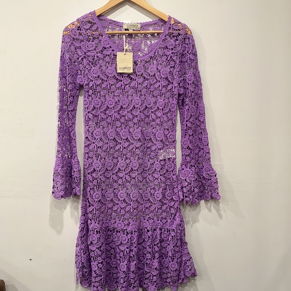Iconique Italian Cotton Crochet Lace Long Sleeve Dress in Lila Ruffles Floral  S